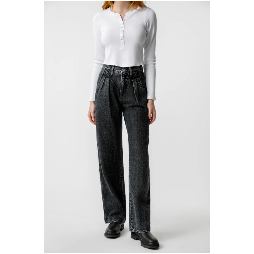 Amo Nwt Marcella Pleated Wide Leg Jean In Frosty Black // 31